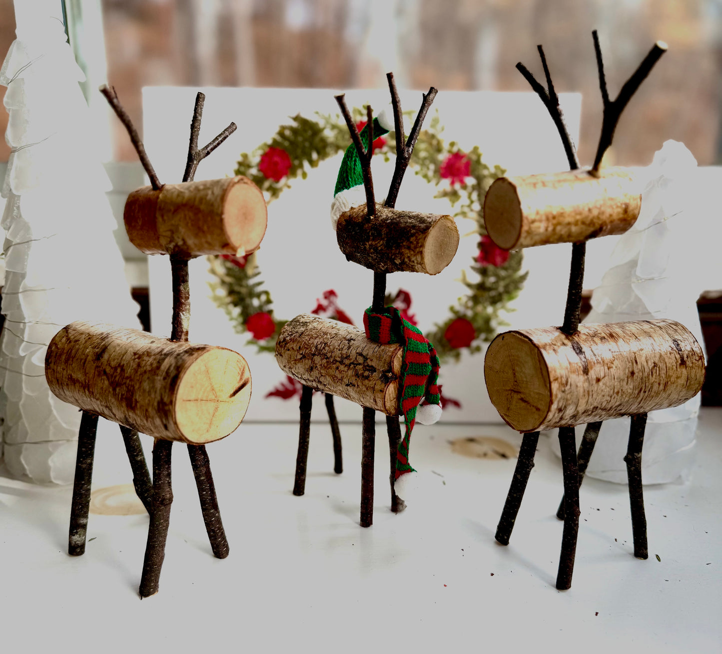 Reindeer Family and Sea Glass Tree Winter Scene