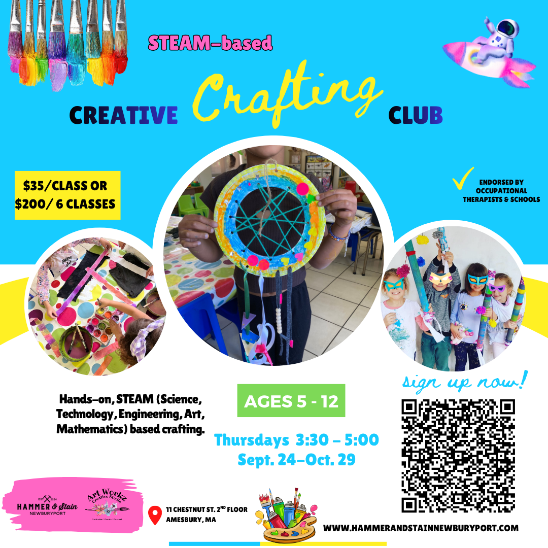 STEAM Crafting Club(Session 1 Ages 5-12 Thursdays or Wednesdays 3:30-5:00 Sept. 24-Oct. 29) @ Art Workz Creative Studio (11 Chestnut st. 2nd Floor Amesbury, MA)