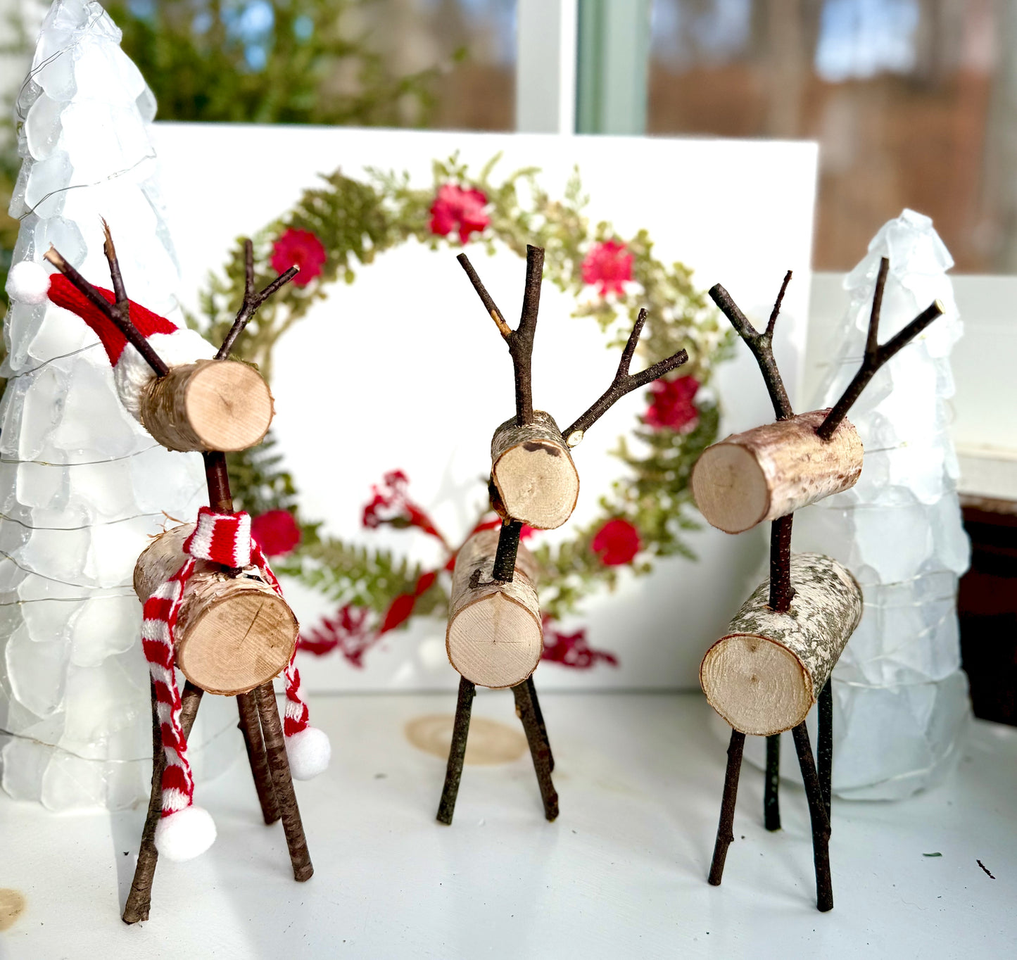 Reindeer Family and Sea Glass Tree Winter Scene